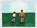 'A Star From Grandma' illustration from back cover of book: two boys running through grass.